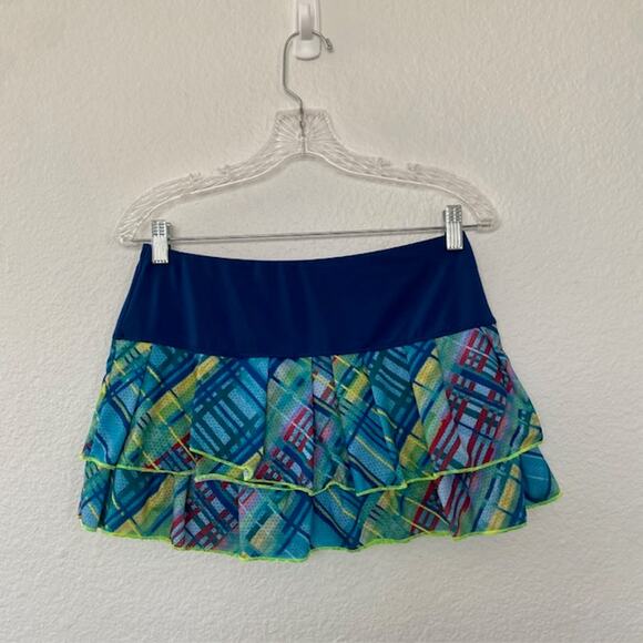 Lucky in Love Skort Blue Green Plaid Pleated Tiered Yellow Trim13 " Women Medium - Picture 8 of 8
